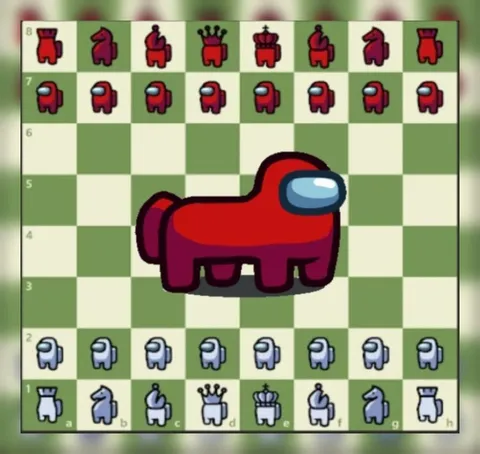 Красный Among Us на шахматной доске