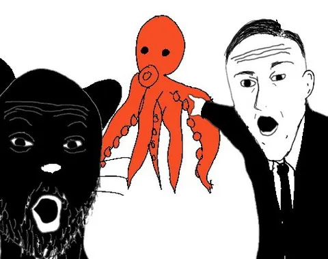 Кот, осьминог и удивлённый мужчина