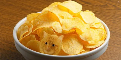 Котёнок в миске с чипсами