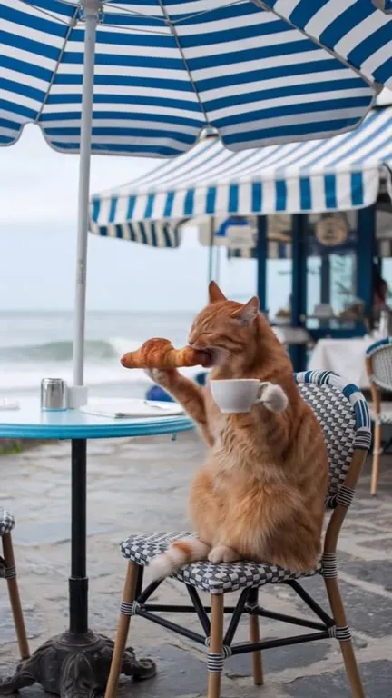 Кот с круассаном у моря
