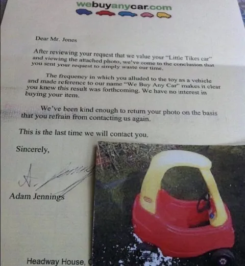 We Buy Any Car Rejection Letter