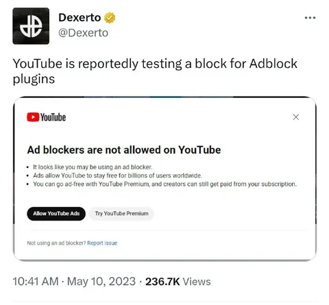 YouTube blocks adblock plugins