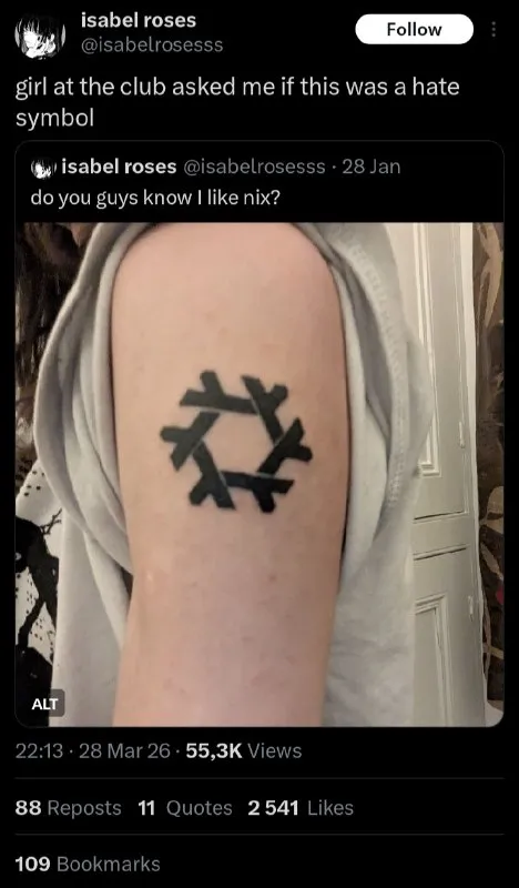 Nix Tattoo Mistaken for Hate Symbol