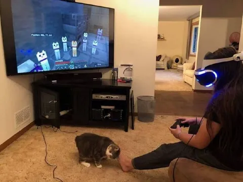 Девушка играет в Minecraft в VR