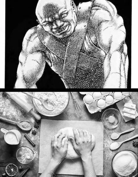 Брутальный пекарь месит тесто
