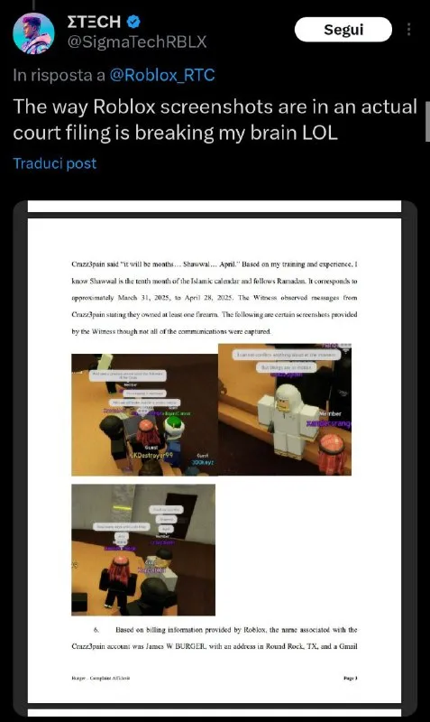 Roblox Screenshots in Court Filing