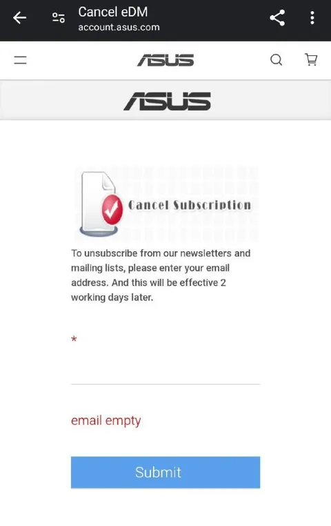 Empty Email Unsubscribe Form