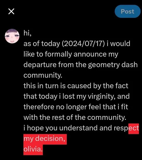 Geometry Dash Virginity Departure Announcement