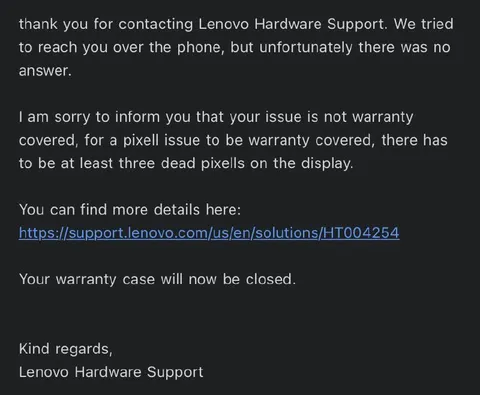 Lenovo Rejects Dead Pixel Warranty