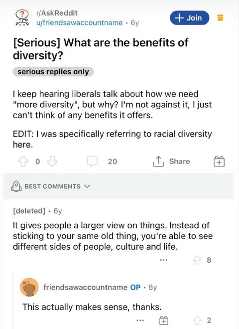 Benefits of Diversity Reddit Thread