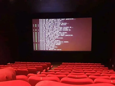 Linux boot screen in an empty cinema