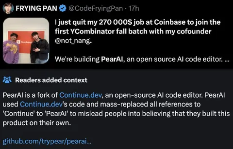 PearAI Startup Plagiarism Tweet