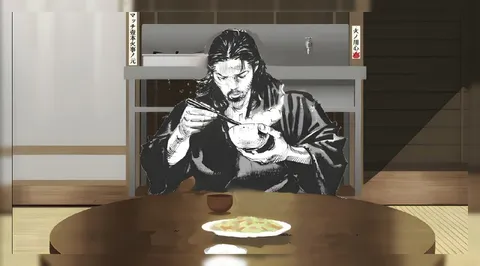 無言で食べる侍