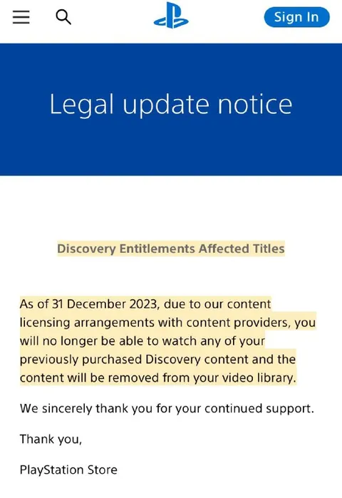 PlayStation Digital Purchases Removed