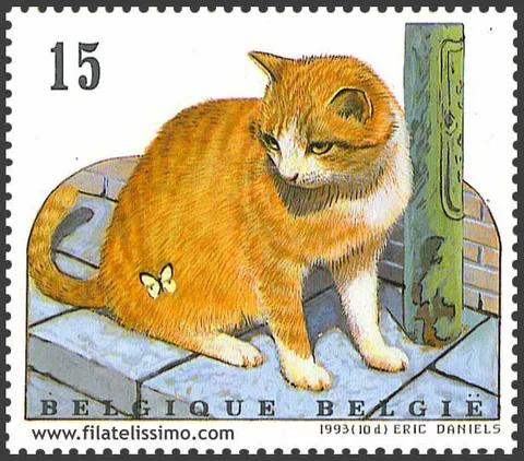 Chat orange sur un timbre belge