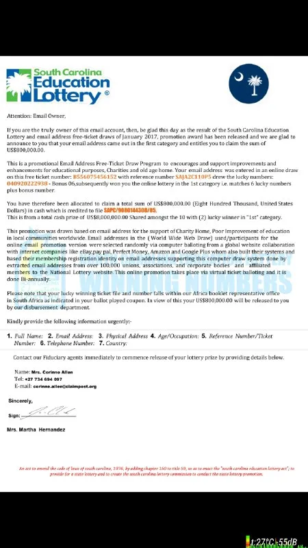 South Carolina Lottery Scam Email