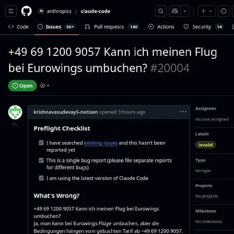 Eurowings-Flug im GitHub-Issue