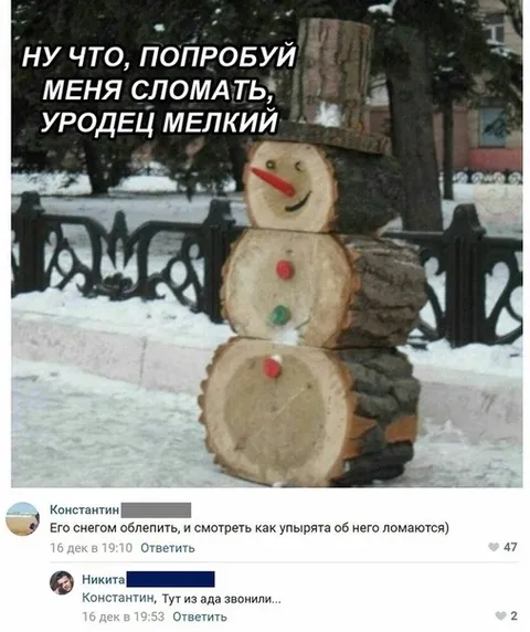 Снеговик из дров бросает вызов