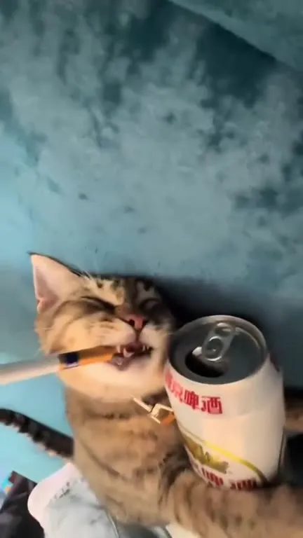醉猫抱着啤酒抽烟