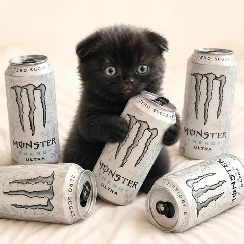 Kitten Surrounded by Monster Energy