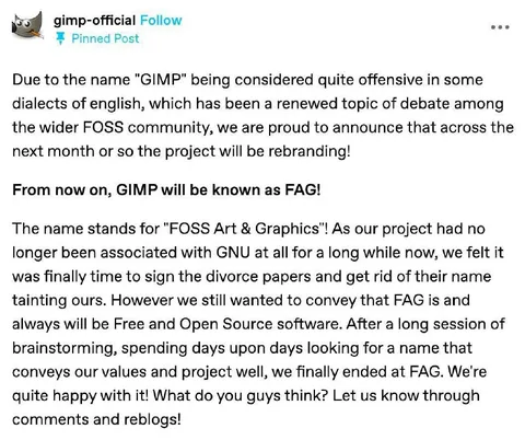 GIMP Rebrands as FAG