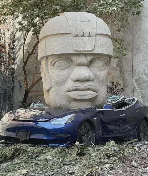 Каменная голова и разбитая Tesla