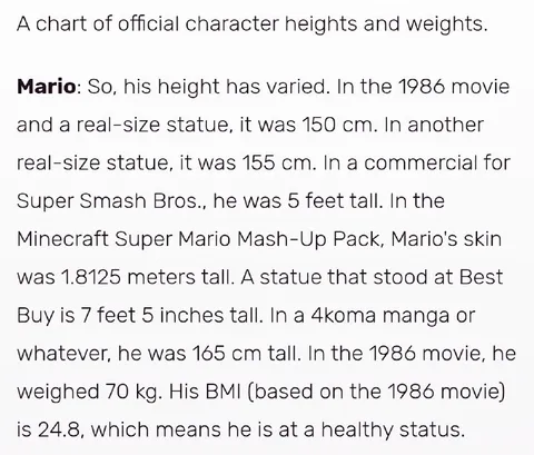 Mario Official Height and Weight Chart