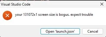 VS Code Bogus Screen Size Error
