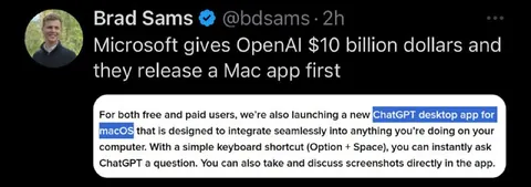 Microsoft Funds OpenAI, Gets Mac App