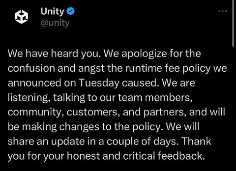Unity Apologizes for Runtime Fees