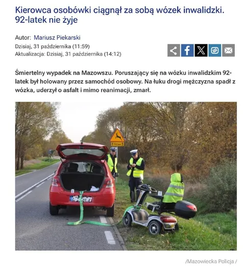 Samochód holuje wózek inwalidzki