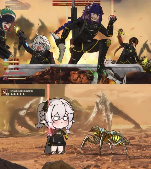 Chibi Soldier Faces Giant Bug