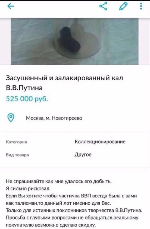 Засушенный и залакированный кал Путина