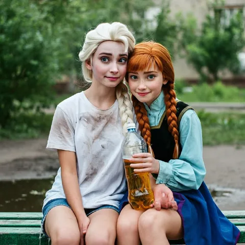 Эльза и Анна с бутылкой
