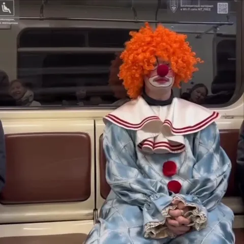Клоун неловко сидит в метро