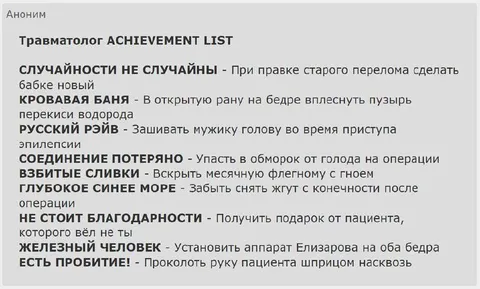 Травматолог Achievement List