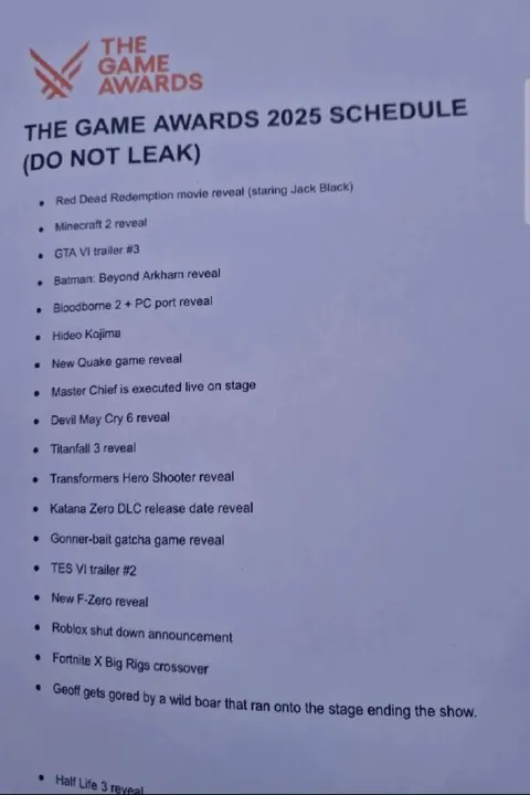 The Game Awards 2025 Schedule Leak