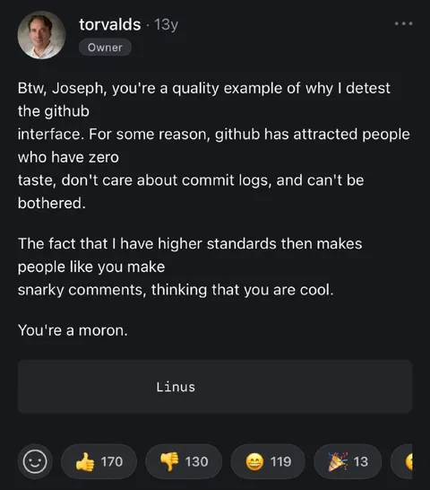 Linus Torvalds Calls Joseph a Moron