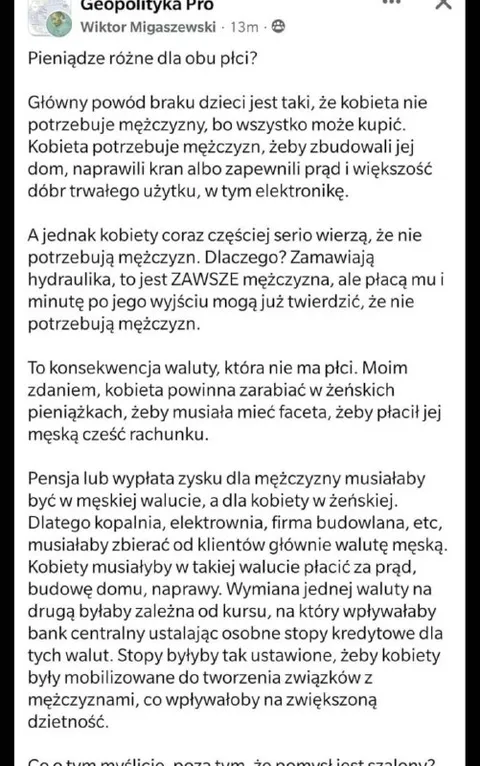 Waluta osobna dla kobiet i mężczyzn