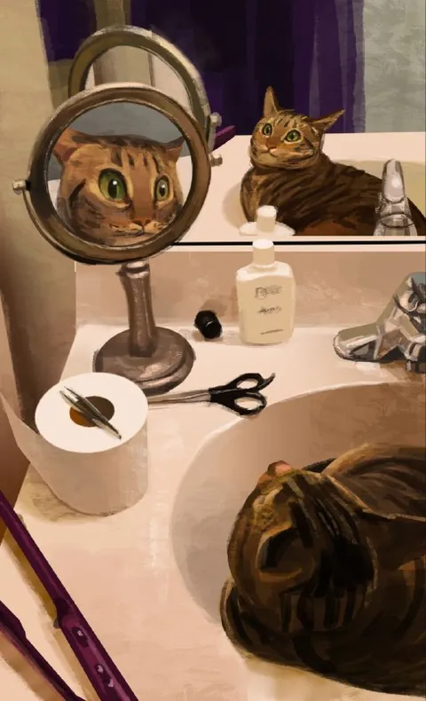 Кот смотрит в зеркало