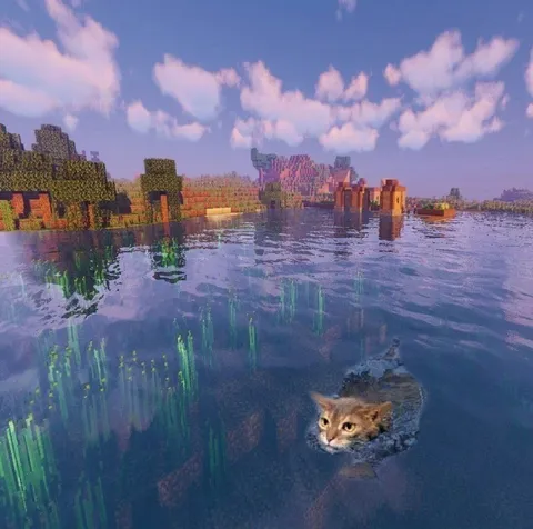 Кот плывёт в Minecraft
