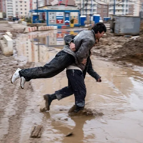 Мужчина несёт человека через грязь