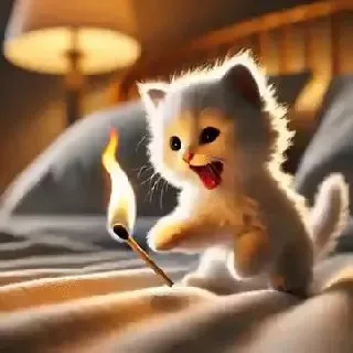 Котёнок поджигает спичку