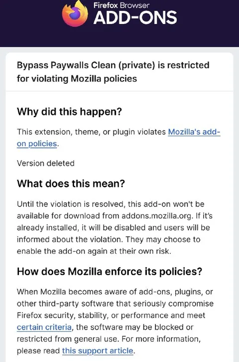 Bypass Paywalls Extension Deleted