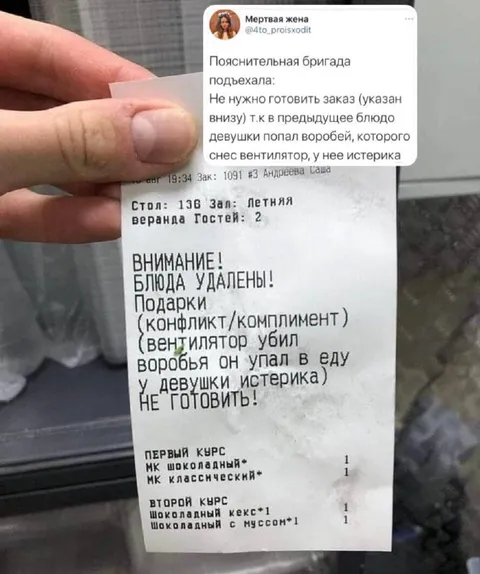 Воробей упал в еду