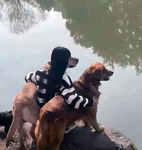 Обнимает собак у озера
