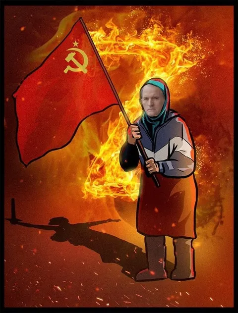 Путин с советским флагом в огне