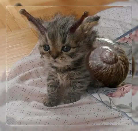 Котёнок-улитка на кровати