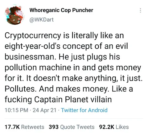 Cryptocurrency as Captain Planet Villain