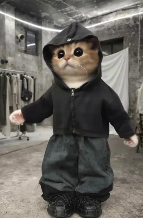 Котёнок в чёрной толстовке танцует